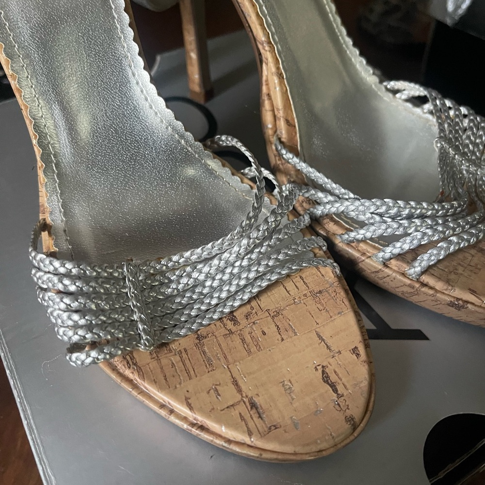 Aldo Silver and Tan Heels with Braided Straps